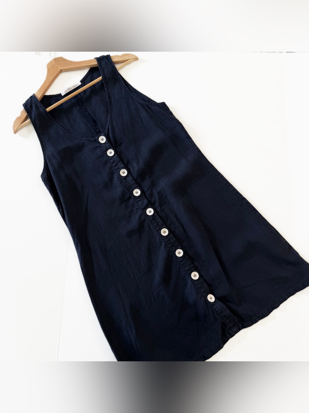 LA Relaxed Dress Womens Small 100% Linen Navy Blue Button Front Mini